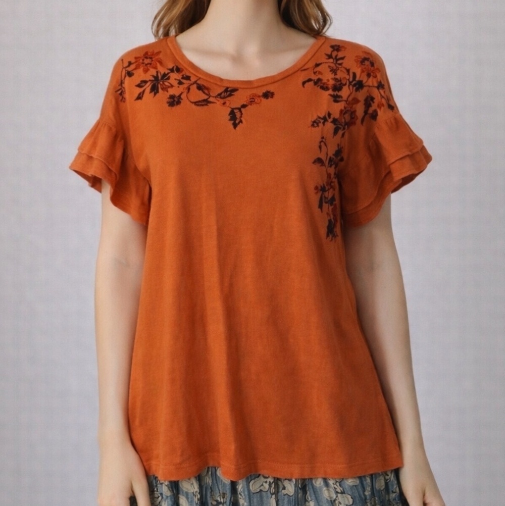 SUNDANCE Salmon Floral Embroidered Short Bell Sleeve Jersey Knit Top